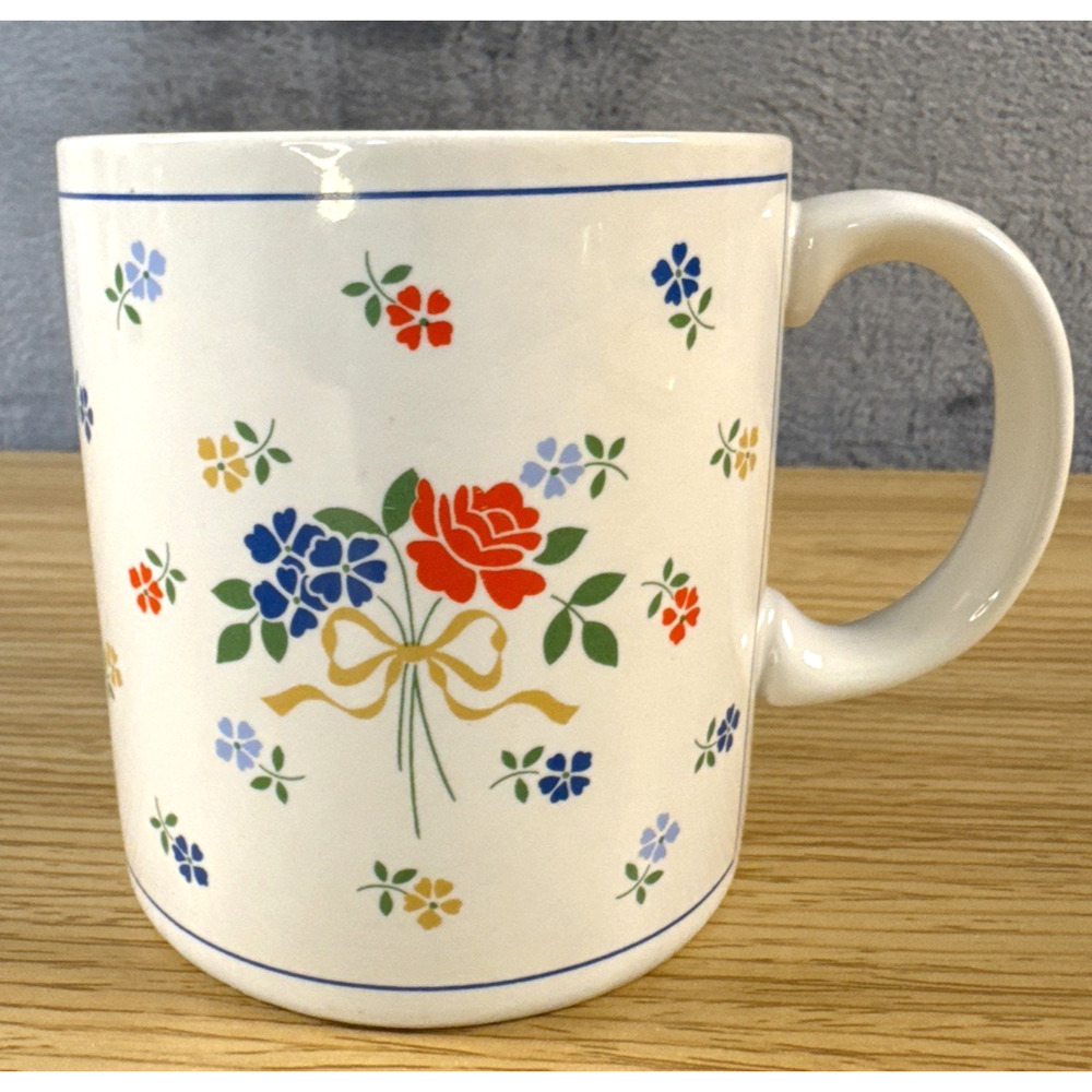 White Floral Country Coffee Mug Cottagecore Ceramic Cup Blue Red Bow Design